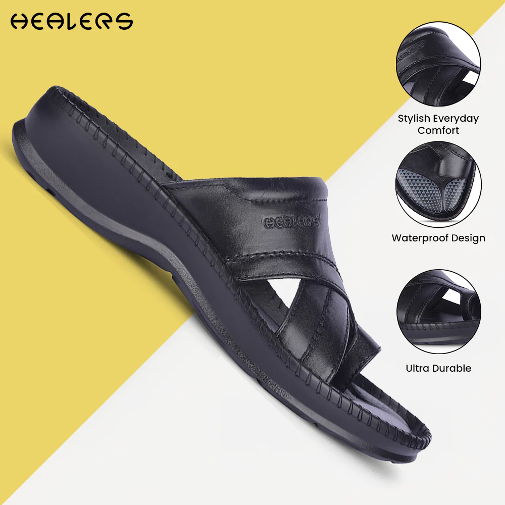 Healers Black Casual Toe Ring Slipper For Men STEAMER92E By Liberty - Image 4
