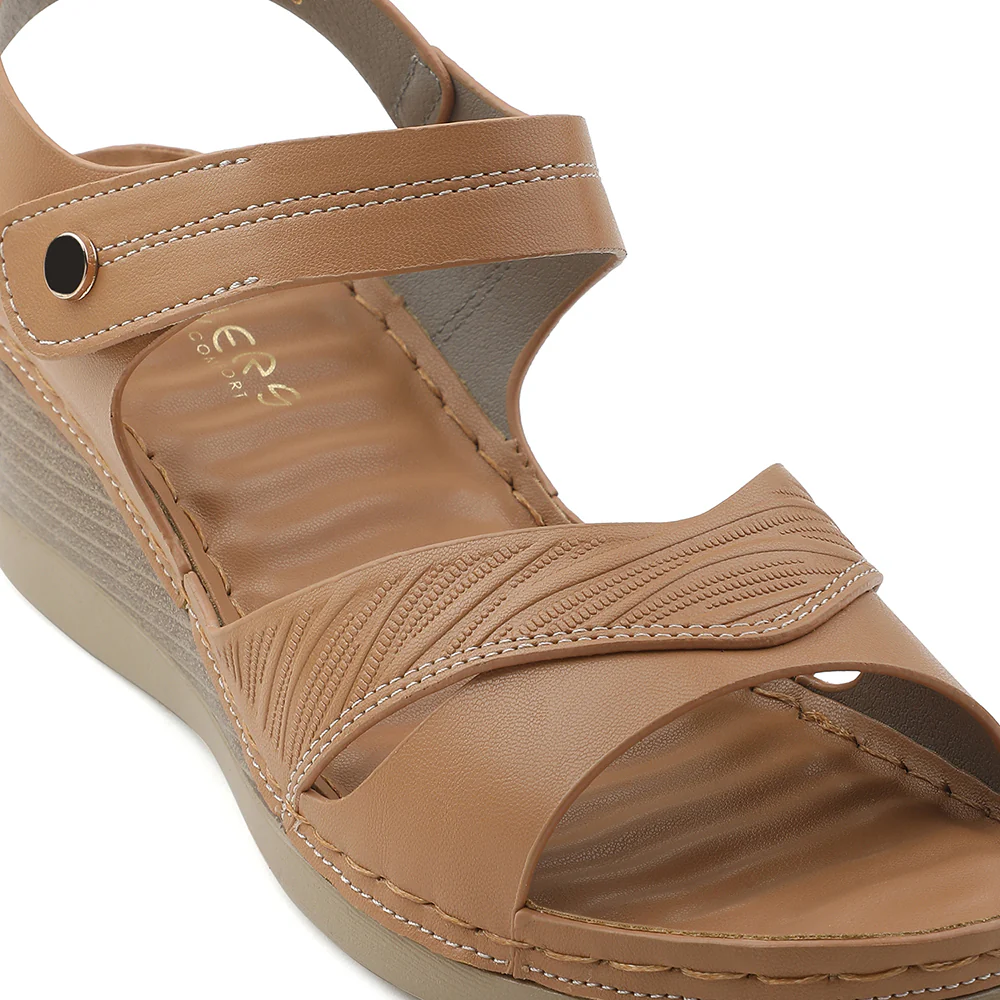 Healers Tan Wedge Heel Sandal For Women ZQ-FD-42 By Liberty - Image 5